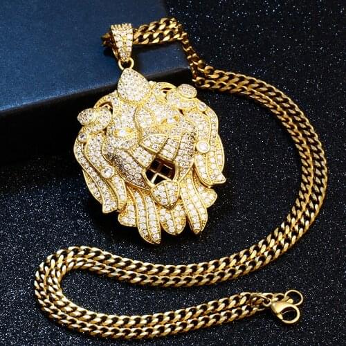 Yellow Copper Lion Iced Out Cheetah Pendant Bling Cubic Zirconia Pendant Necklace Fashion Hip Hop Men Jewelry With Tennis Chain