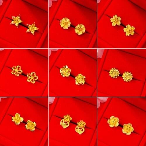 New 24K Gold Stud Earrings for Women Simple Flower Korean Earrings Trendy Pure Gold Earings Wedding Fashion Jewelry Wholesale
