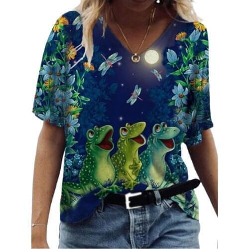 Oversized Ladies Tops Summer Short Sleeve V-neck Loose Plus Size Casual Streetwear T Shirt Women Animal Frog Print Tee 2021 New