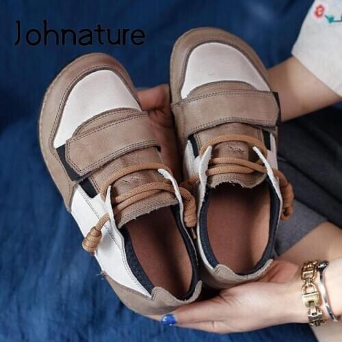 Johnature Flats Women Shoes 2021 New Genuine Leather Lace-Up Mixed Colors Spring/Autumn Leisure Handmade Concise Ladies Shoes