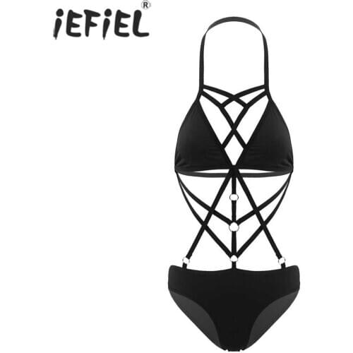 Women Punk Bra Body Cage Goth Lingerie Underwear Hollow Out Strappy Leotard Bodysuit Nightwear Harness Belt Pole Dance Babydoll