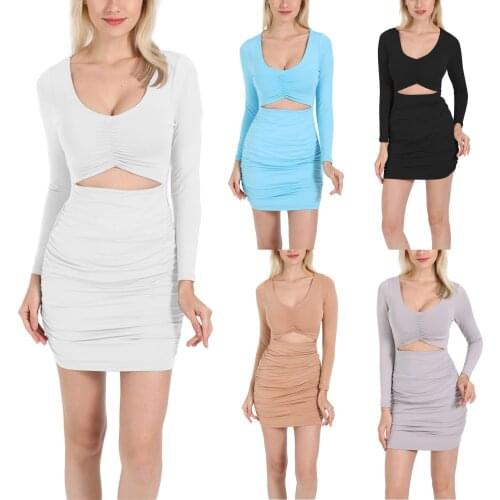 Women Close-fitting Hollow Out Dress, Solid Color Long Sleeve Plunging Neckline Mini Dresses Party
