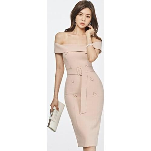 Korean Style Sheer Off Shoulder Dresses Woman Party Night Double Button Sheath Wrap Dresses Ladies Sheath Pink Dress Women Belt