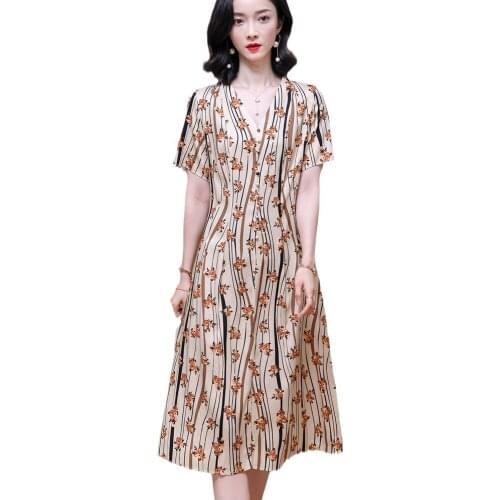 High Quality Silk Floral Mid Calf One Piece Dresses 2021 Summer Fashion Elegant V Neck Printing Short Sleeve Midi Dresses