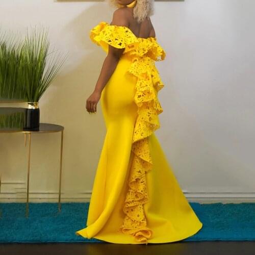 Elegant Dress Women For Wedding Party Prom Floor Length Ruffless Mermaid Yellow Off the Shoulder Luxury Evening Night Dress Maxi