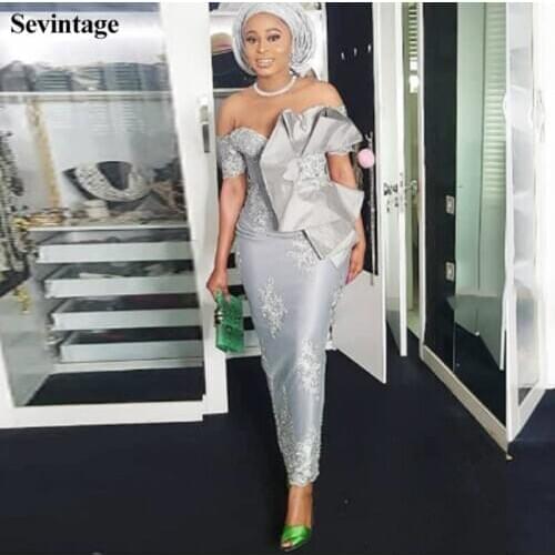 Sevintage Mermaid Aso Ebi Short Sleeve Prom Dresses Appliques Lace Off The Shoulder Silver Evening Gowns Dubai Women Party Dres