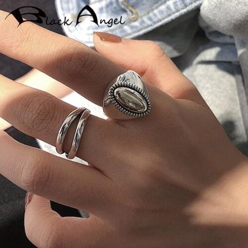 BLACK ANGEL Vintage Oval 925 Sterling Silver Rings for Women Creative Handmade Geometric Party Do Old INS Fashion Jewelry Gifts