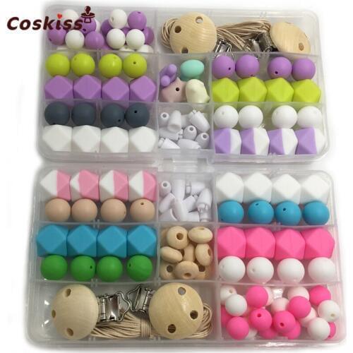 2pc DIY Baby Teether Accessories Geometry Hexagonal Round Silicone Bead Wooden Pacifier Clip Breakaway Safety Clasp For Bracelet