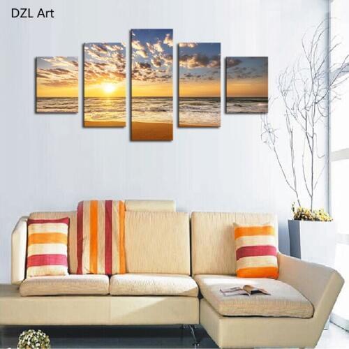 5 Panels(No Frame) Sunset and ocean Picture Modern Wall Decor Print on Canvas Oil Painting Canvas Painting for Christmas Gift