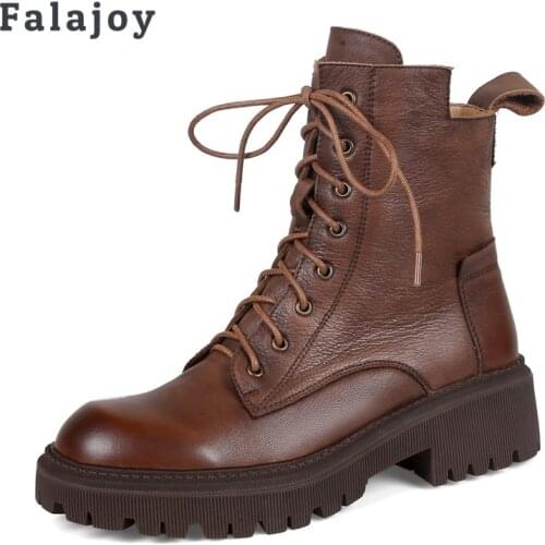 Falajoy Genuine Leather Combat Boots for Women Platform Lace up Zip High Quality Luxury Brown Ankle Booties Fashion Plus Size 43