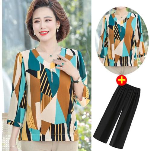 Elegant Womens Sets Summer Middle-aged and Elderly Lady Suit Retro Fashion T-shirt and Casual Pants 2 Piece Sets Plus Size L520