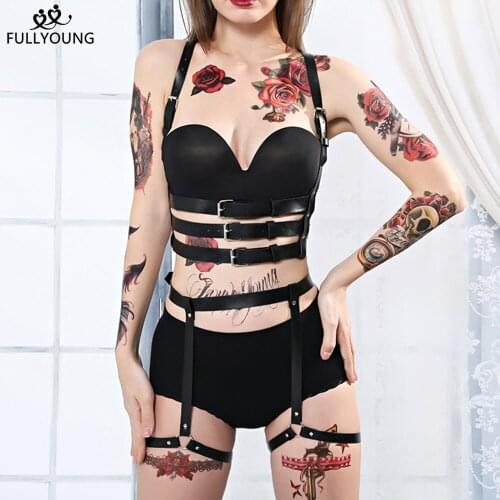 Fullyoung 2 PCS Sexy Women Leather Harness Punk Stocking Garters Chest Body Bondage Erotic Suspender Waist Leg Fetish Adjustable