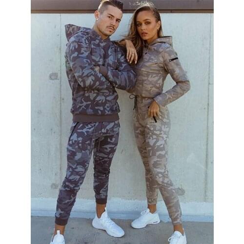 Autumn Camouflage Two-Piece Mens Suits Outdoor Sport Running Training Tracksuits Long Sleeve Hooded Pullover+Pencil Sweatpants