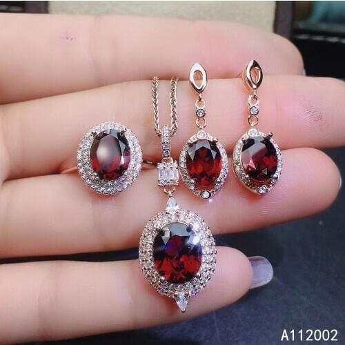 KJJEAXCMY fine jewelry natural garnet 925 sterling silver women pendant necklace ring earrings set support test popular noble