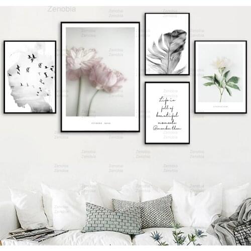 Feather Canvas Painting Wall Art Quotes Abstract Nordic Modular Posters and Prints Black and White Flower Pictures Home Decor