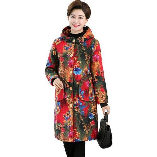 New Plus size XL-6XL Winter Cotton Parkas Women Flocking Thicken Hooded Print Jackets Middle aged Female Vintage Long Coats G306