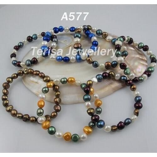 New Free Shipping A577# Grade AA.Natural Fresh Water Pearl Barcelet.Size:8-9mm.Mix color.Elastic Bracelet.7pcs/lot