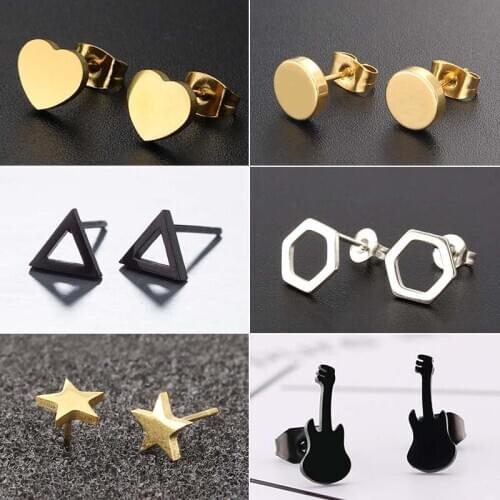 Oly2u Punk Korean Earrings 2020 Black Stainless Steel Stud Earrings for Women Small Guitar Plane Round Heart Earing brincos