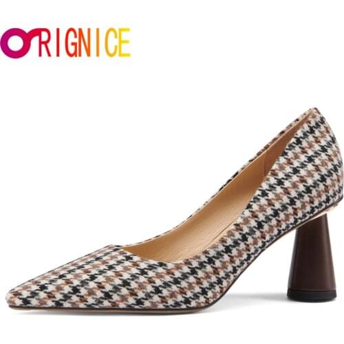 Orignice Fashion Women Lattice Cloth Pumps Sexy Pointed Toe Round Heels Slip On Office Career Shoes Handmade For Ladies