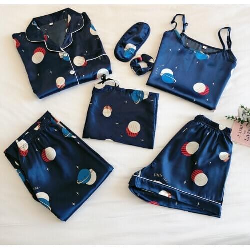 Sexy Women Pajamas 3 & 7 Pieces Sets Satin Sleepwear Pijama Silk Home Wear Embroidery Sleep Lounge Pyjama with Chest Pads