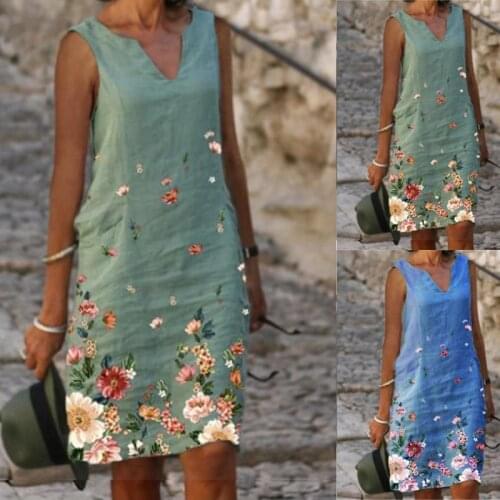 Summer Hot Sale Fashion V-Neck Printed A-Line Sleeveless Ladies Beach Skirt Casual Loose Linen Dress