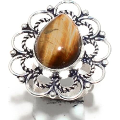 Genuine Tiger Eye Ring Silver Overlay over Copper , Hand Made Women Jewelry gift , R6590 , Size: 8