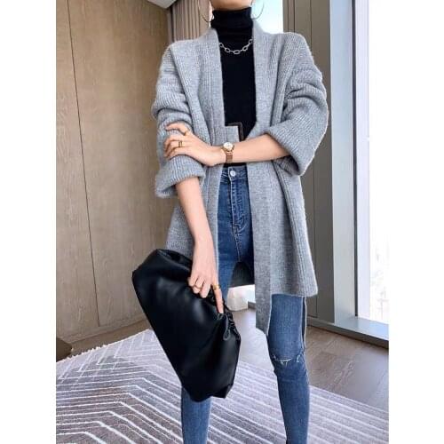 Simple Loose Womens Adjustable-Waist Thick Knitted Cardigan Office Lady V-neck Solid Sweater Outcoat With Belt кардиган женский