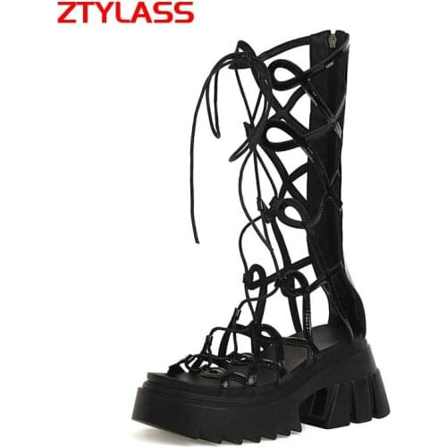 Black Women Patent Leather Gladiator Sandals Fashion Zipper Thick High Heel Sandals Summer Open Toe Cross Tied Platform Shoes