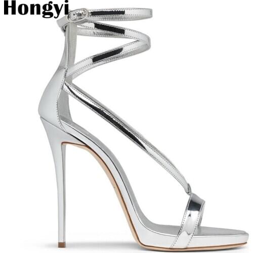Hongyi Designer Shoes Patent Leather High Heels Sandals Summer Sheepskin Ankle Strap Thin High Heel Sandals Ladies Party Shoes