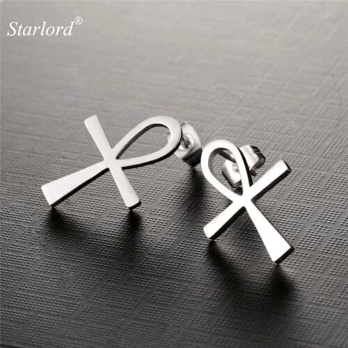 Starlord Ankh Stud Earrings Crux Ansata Cross Key of the Nile Stainless Steel/Gold Color Egyptian Jewelry For Women GE2124