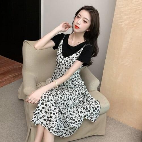 Slimming short-sleeved T-shirt + floral shoulder strap two-piece temperament plus size dress