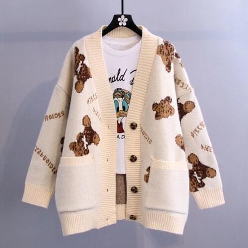 Bear Letter Sweater Jacket Knitted Cardigan Pocket Sweater Jacket Female Autumn and Winter 2021 New Loose Casual Korean Female