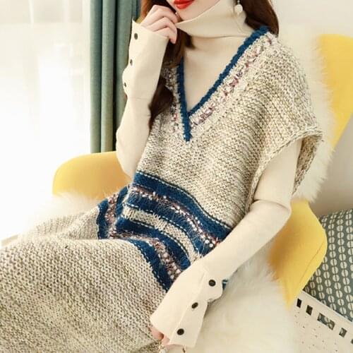 Autumn winter 2020 new fashion western style mid-length sweater women loose outer wear wild net red knitted dress female 32a