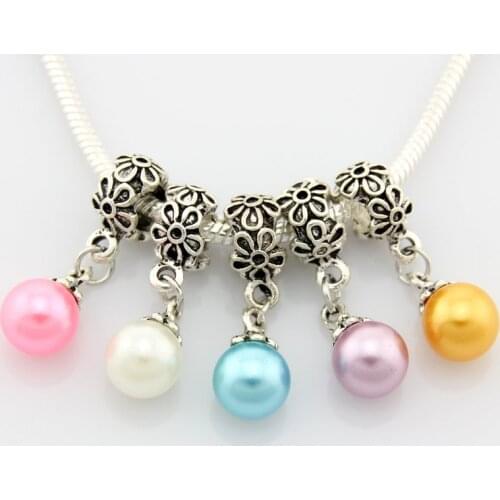 20 pcs/Lot Mix Color Vintage Silver Color Fashion Flower & Pearl Dangle Charms For European Bracelet Jewelry Findings DIY EE54