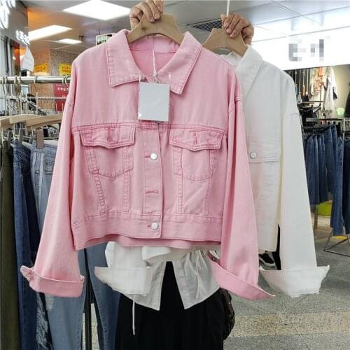 Pink Denim Jackets Women Short Coat 2021 Autumn New Korean Style Loose All-Matching Outwear Top Veste Femme