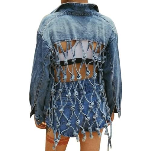 Sexy Backless Jean Jacket Women Lapel Collar Long Sleeve Tassel Bandages Summer Coat Female Fad Vogue Tide