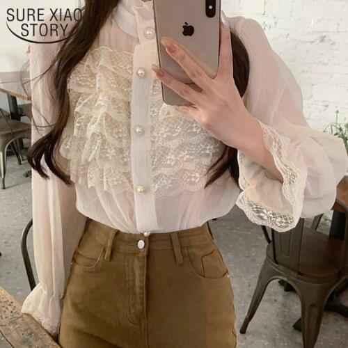Korean Ruffled Patchwork Lace Blouse Women 2021 Spring Sweet Stand Collar Chiffon Shirt Fashion Flared Sleeve Buttons Tops 13298