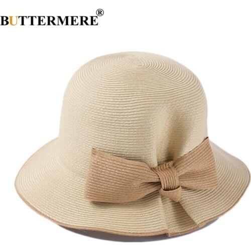 BUTTERMERE Bucket Hat For Women Beige Straw Japanese Sun Caps Female Bow Elegant Summer Beach UV Hat Ladies Brand Fishing Hats