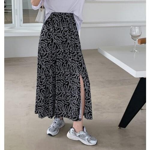 TingYiLi Vintage Floral Print Long Maxi Skirt With Slit High Waist A-line Women Skirt Korean Style Elegant Summer Skirt Black