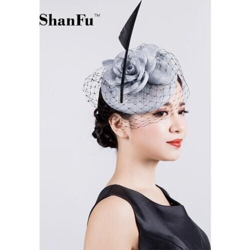 ShanFu Vintage Lady Sinamay Sagittate Feather Fascinator with Headband Leading yarn for Party Hats SFC12590