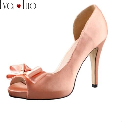 CHS380 DHL Express Bow Peach Satin Dress Pumps Bridal Wedding Shoes Big Size Woman High Heels Platform Shoes Custom Handmade