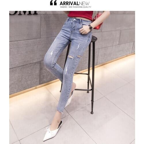 Summer style blue hole ripped jeans Women jeggings cool denim high waist pants capris Female skinny blue casual jeans 8007