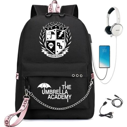 The Umbrella academy USB Backpack Women Men Teenager School Bag Women USB Travel Rucksack Large Mochila Escolar With Chain