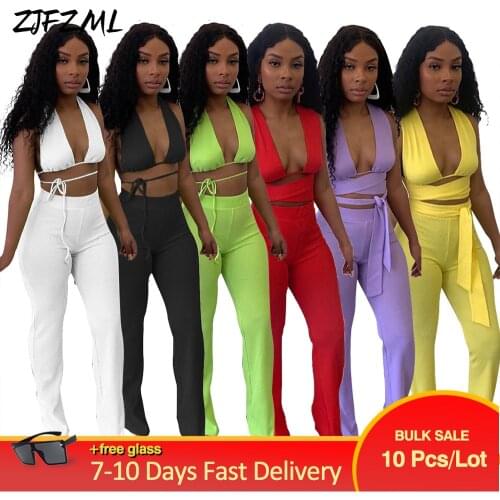 Wholesale Bulk Items Lots Womens Suit Two 2 Piece Set Matching Outfits Backless Halter Crop Top Flare Long Trouser Sweatsuits