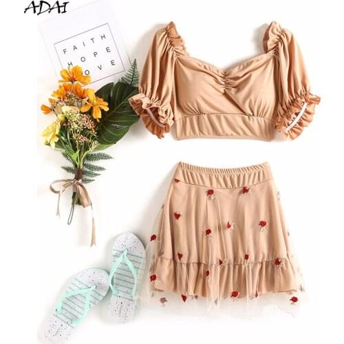 Womens Swimwear 2021 Swimsuit With Skirt Solid High Waisted Bikini Set Two Piece Gauze Monokini Summer Bathing Suit Beachwear