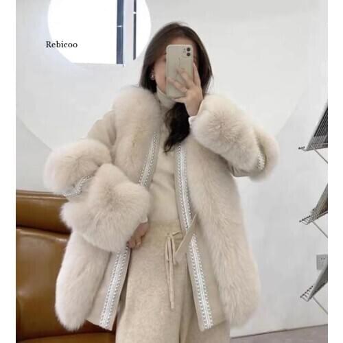Womens Fake Fox Fur Coat Genuine Sheepskin Leather Jacket Winter Thick Warm Fur Ladys Outerwear