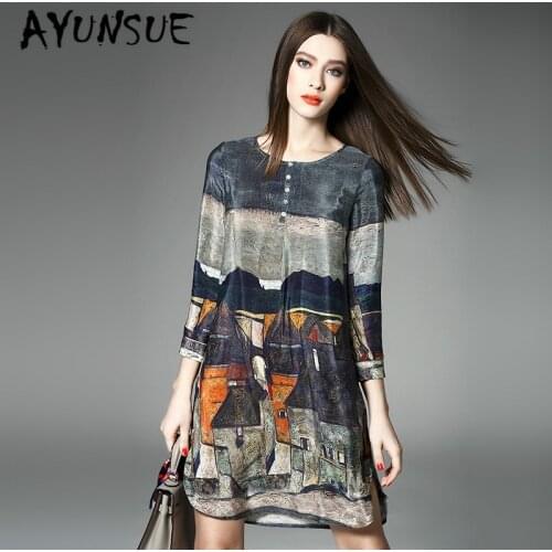 Real Silk Dress Women Spring Summer Dress Korean Midi Beach Dress Print Vintage Party Dress Vestidos Mujer R649 YY2681