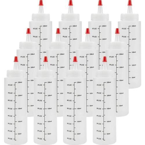 12-Pack 8 Oz Condiment Squeeze Bottles with Red Tip Cap - Durable Plastic Squirt Bottle for Ketchup, Sauces, Syrup