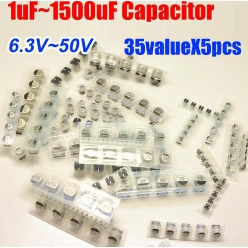 35valuesX5pcs=175pcs SMD 6.3V~50V 1uf~1500uf Aluminum Electrolytic Capacitor Assortment Kit Pack for Computer Motherboard