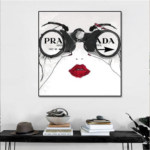 Abstract Wall Art Canvas Painting Pictures Women Red Lips Canvas Print Poster Telescope Canvas Art for Living Room Home Decor